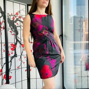 Tahari Satin Silk Floral Bodycon Wrap Knot Sleeveless Shaper Dress